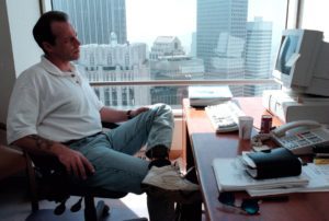 H-Block escapee Kevin Artt in his office San Francisco. He is fighting extradition back to the North of Ireland after his 1983 escape from Long Kesh's H-Block. He is seen wearing his FBI installed security ankle bracelet.
